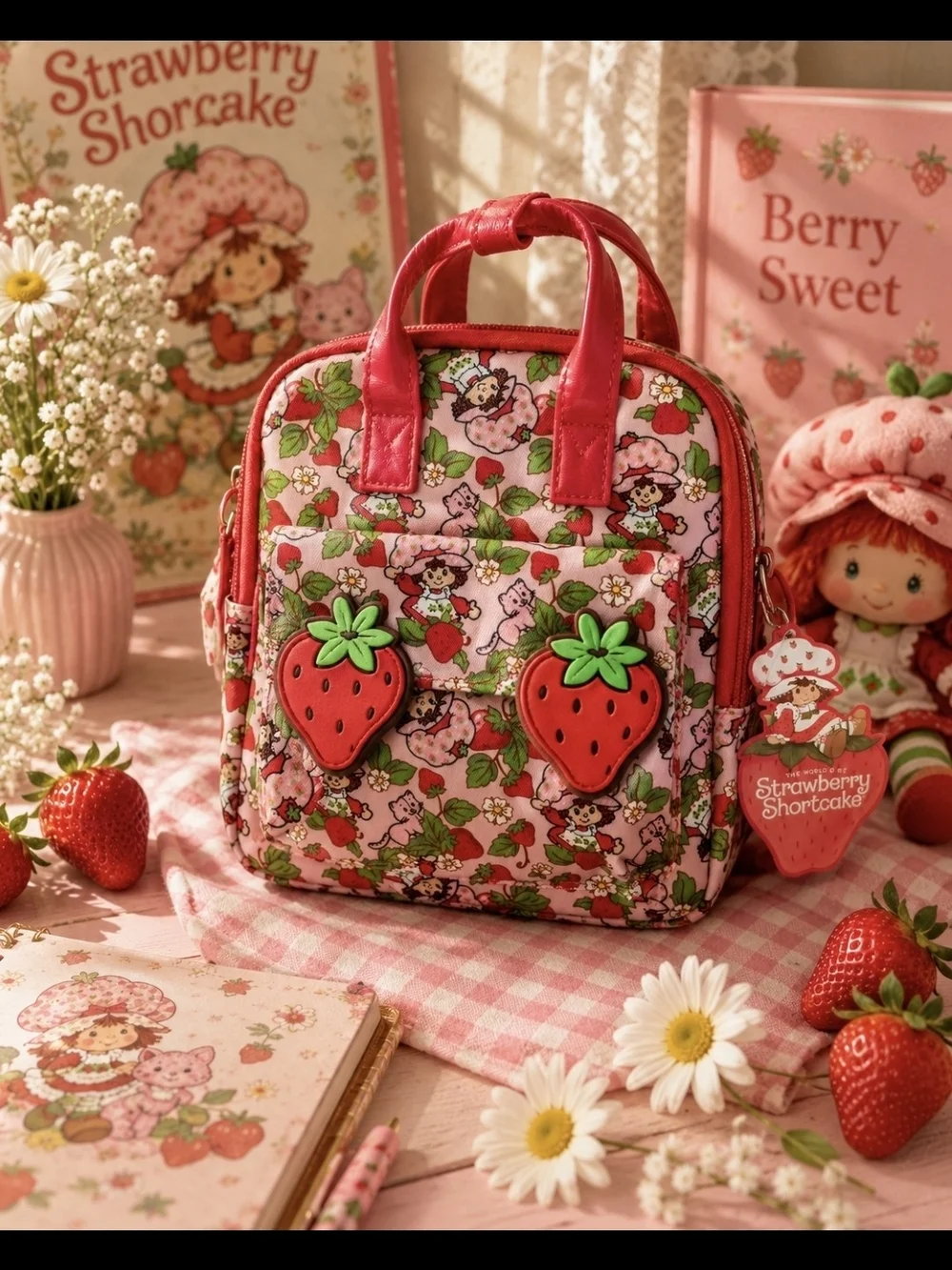 Strawberry Shortcake Mini Backpack Pink Strawberry Print Kawaii Y2K Cottagecore